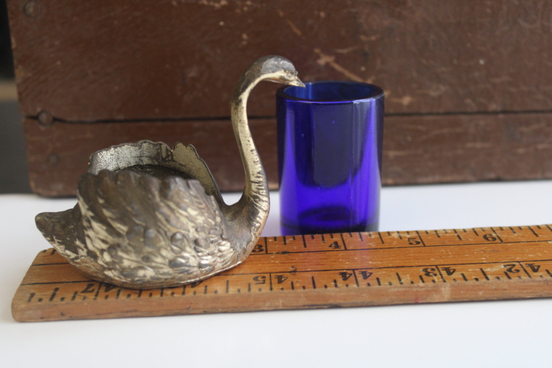 photo of worn old silver plated swan w/ cobalt blue glass, match holder or salt cellar  #3