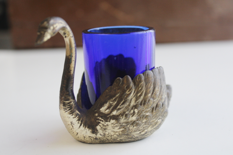 photo of worn old silver plated swan w/ cobalt blue glass, match holder or salt cellar  #6