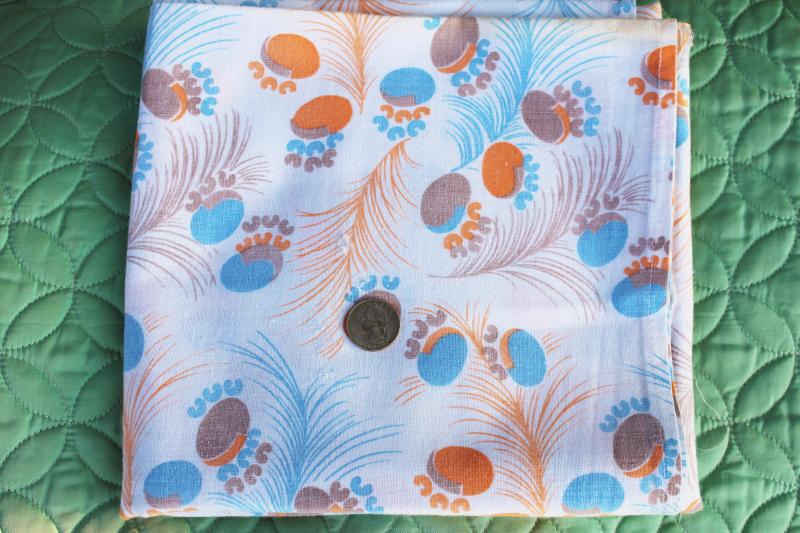 photo of worn soft vintage cotton feedsack fabric, faded print feathers blue & orange #4