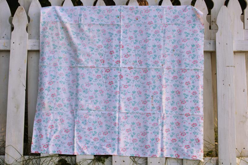 photo of worn soft vintage cotton feedsack fabric, faded print, pink & green flowers #1