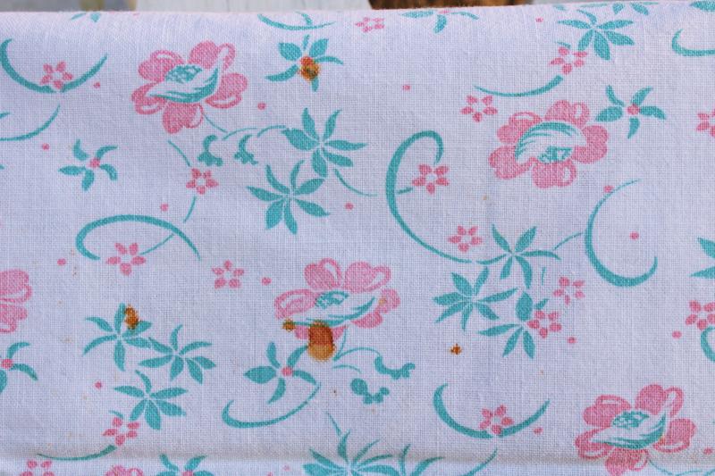 photo of worn soft vintage cotton feedsack fabric, faded print, pink & green flowers #2