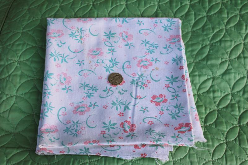 photo of worn soft vintage cotton feedsack fabric, faded print, pink & green flowers #4