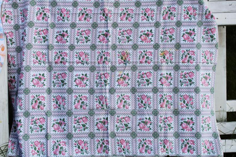 photo of worn soft vintage cotton feedsack fabric, faded print, pink & grey fruit #1