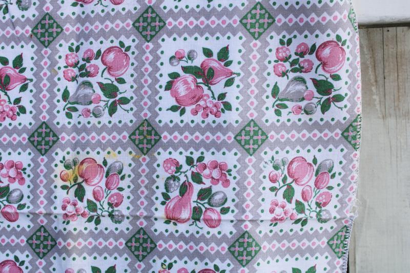 photo of worn soft vintage cotton feedsack fabric, faded print, pink & grey fruit #2