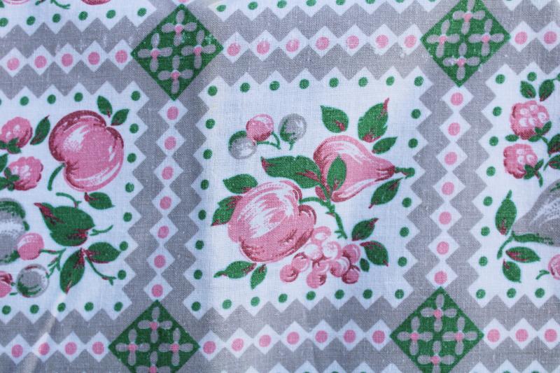 photo of worn soft vintage cotton feedsack fabric, faded print, pink & grey fruit #3