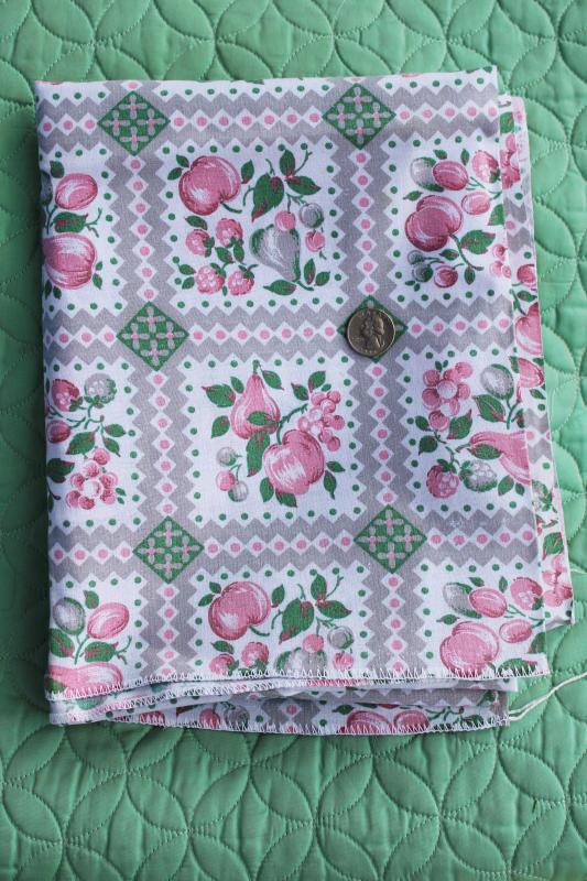 photo of worn soft vintage cotton feedsack fabric, faded print, pink & grey fruit #4