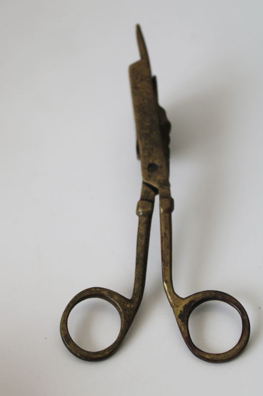 photo of worn tarnished vintage brass candle snuffer, scissors type snuffer antique colonial style  #6
