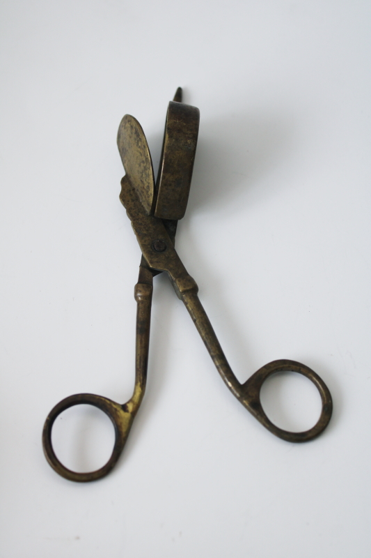photo of worn tarnished vintage brass candle snuffer, scissors type snuffer antique colonial style  #7