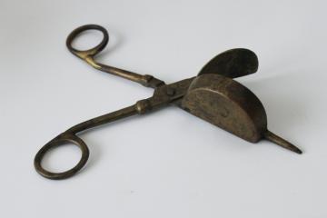 catalog photo of worn tarnished vintage brass candle snuffer, scissors type snuffer antique colonial style 