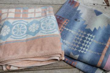 catalog photo of worn vintage camp blankets, primitive rustic faded indian blanket colors 