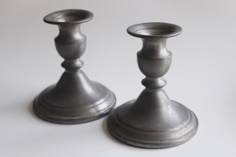 photo of worn vintage pewter candlesticks, pair of low candle holders, dark moody decor  #1