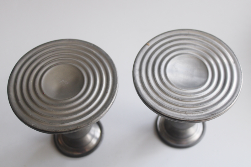 photo of worn vintage pewter candlesticks, pair of low candle holders, dark moody decor  #5