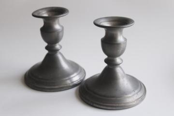 catalog photo of worn vintage pewter candlesticks, pair of low candle holders, dark moody decor 