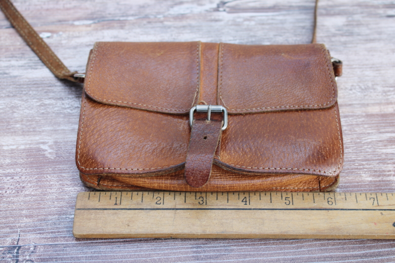 photo of worn vintage pigskin leather pouch, purse, tool bag or equipment case w/ long shoulder strap #2