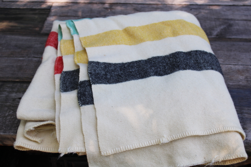 photo of worn vintage wool camp blanket, Hudson's Bay style striped red yellow green black  #1
