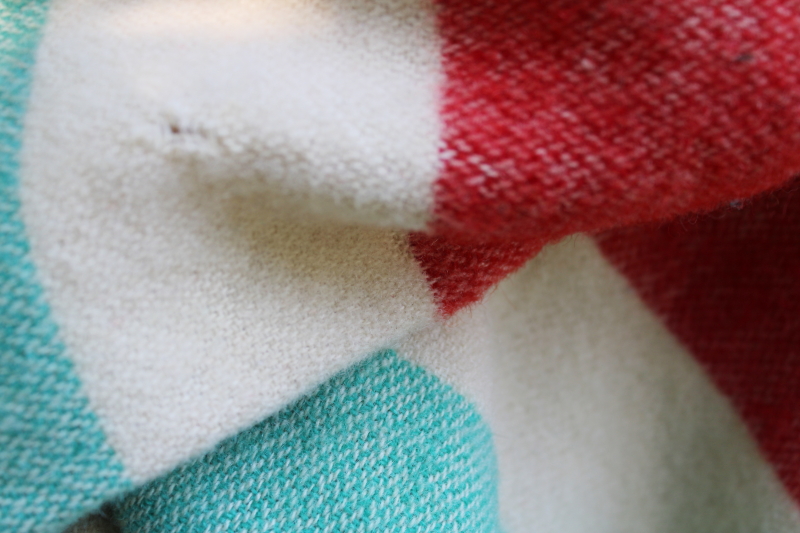 photo of worn vintage wool camp blanket, Hudson's Bay style striped red yellow green black  #3