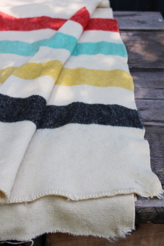 photo of worn vintage wool camp blanket, Hudson's Bay style striped red yellow green black  #4