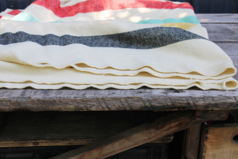 photo of worn vintage wool camp blanket, Hudson's Bay style striped red yellow green black  #5