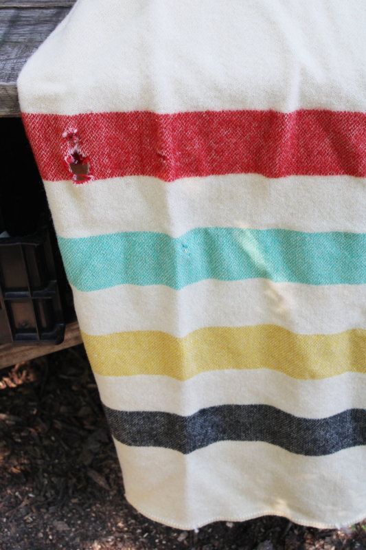 photo of worn vintage wool camp blanket, Hudson's Bay style striped red yellow green black  #10