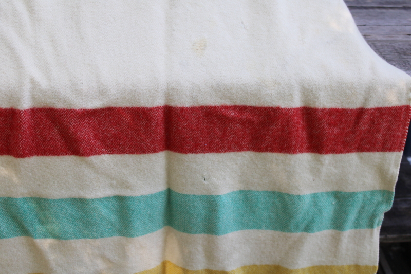 photo of worn vintage wool camp blanket, Hudson's Bay style striped red yellow green black  #11