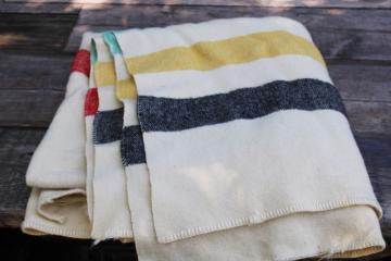 catalog photo of worn vintage wool camp blanket, Hudson's Bay style striped red yellow green black 