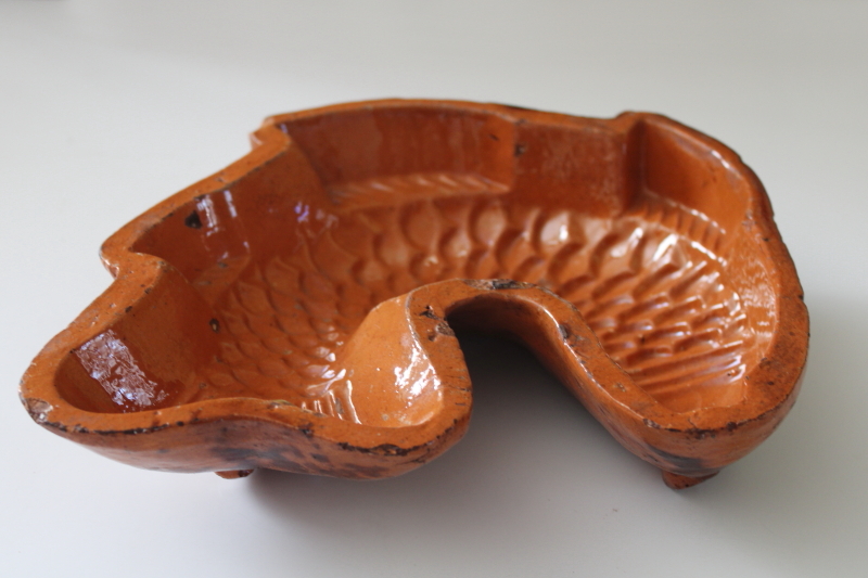 photo of worn weathered old terracotta clay fish mold, antique or vintage brown slip glaze pottery  #2