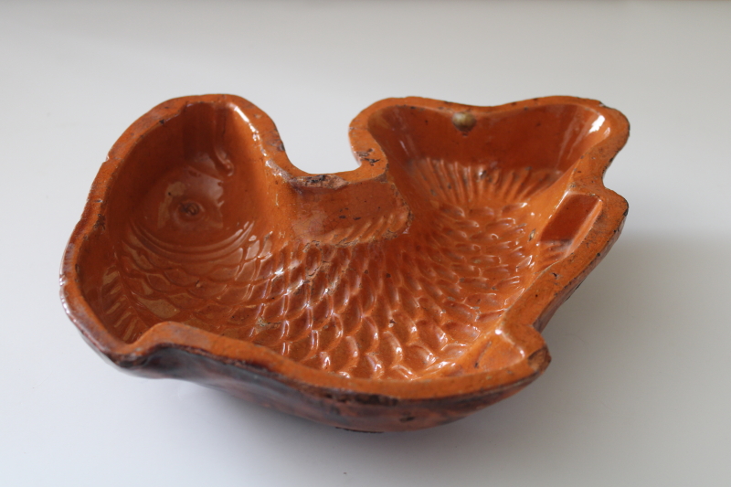 photo of worn weathered old terracotta clay fish mold, antique or vintage brown slip glaze pottery  #4