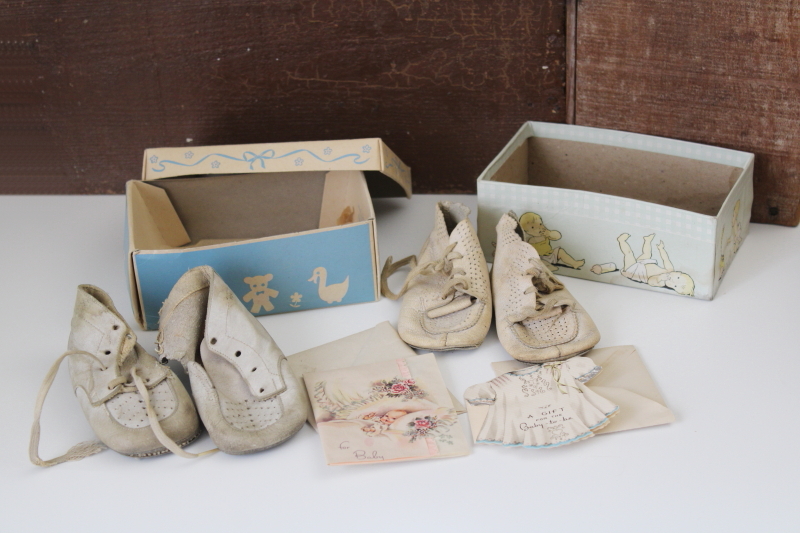 photo of worn white leather infant baby shoes w/ print shoeboxes & gift cards 1940s vintage #1