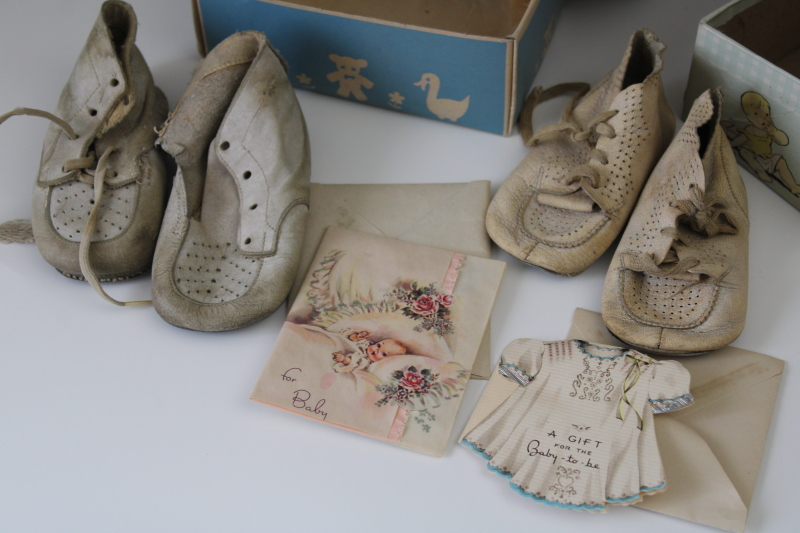 photo of worn white leather infant baby shoes w/ print shoeboxes & gift cards 1940s vintage #2