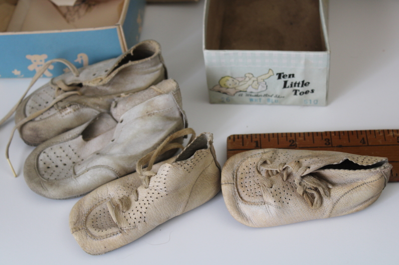 photo of worn white leather infant baby shoes w/ print shoeboxes & gift cards 1940s vintage #5