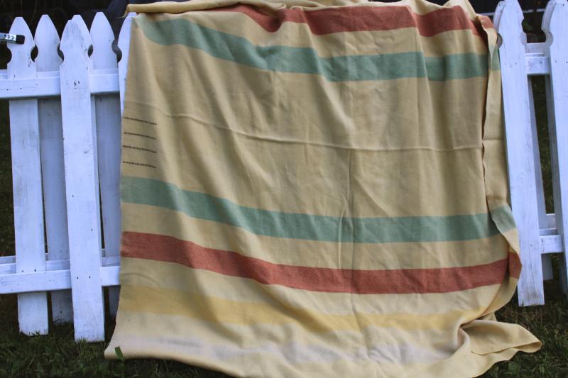 photo of worn wool camp blanket four point yellow Hudson's Bay stripe cutter fabric to upcycle #1