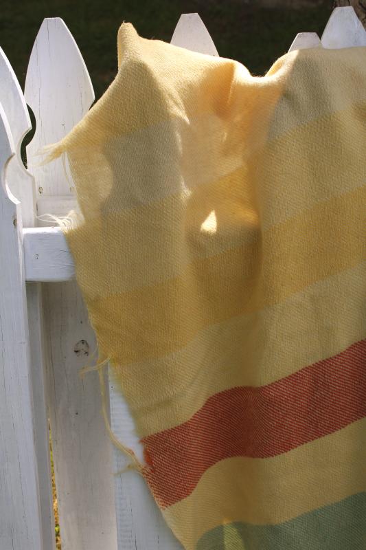 photo of worn wool camp blanket four point yellow Hudson's Bay stripe cutter fabric to upcycle #2