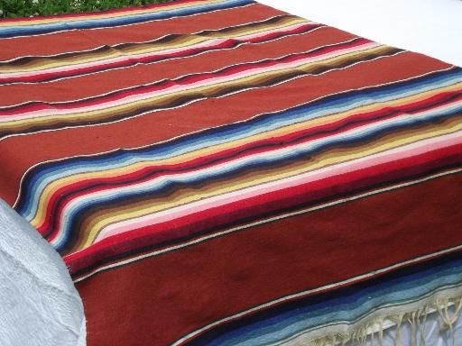 photo of woven serape stripes Mexican Indian blanket rug, vintage Mexico souvenir #1