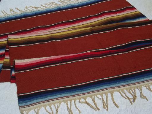 photo of woven serape stripes Mexican Indian blanket rug, vintage Mexico souvenir #2