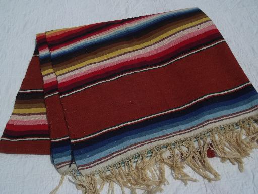 photo of woven serape stripes Mexican Indian blanket rug, vintage Mexico souvenir #4