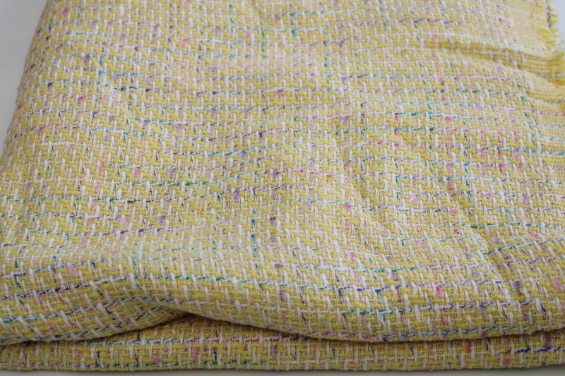 photo of woven tweed suiting fabric rayon / linen soft yellow w/ pink teal lilac pastels #1