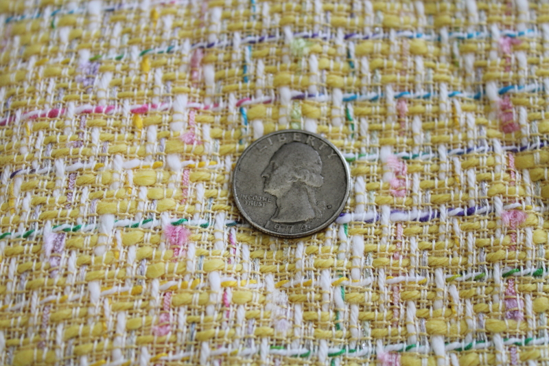 photo of woven tweed suiting fabric rayon / linen soft yellow w/ pink teal lilac pastels #2