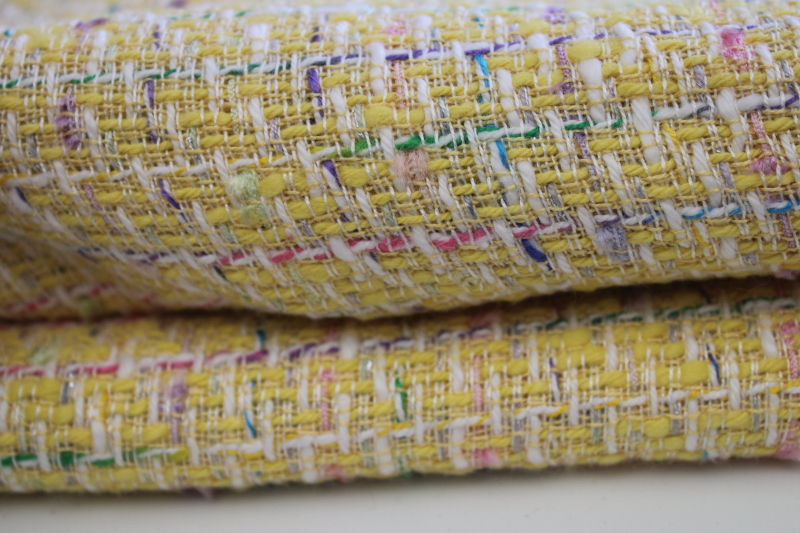 photo of woven tweed suiting fabric rayon / linen soft yellow w/ pink teal lilac pastels #3