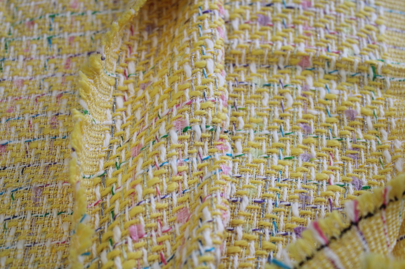 photo of woven tweed suiting fabric rayon / linen soft yellow w/ pink teal lilac pastels #4