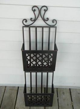 catalog photo of wrought iron architectural storage rack baskets for mail/magazines etc