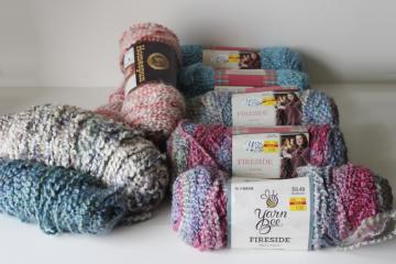 catalog photo of yarn lot Homespun, Thick n Quick, Fireside chunky acrylic cool blues pink colors grey 