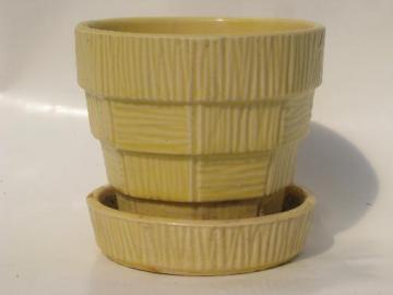 catalog photo of yellow basketweave vintage McCoy pottery planter, flower pot w/ saucer