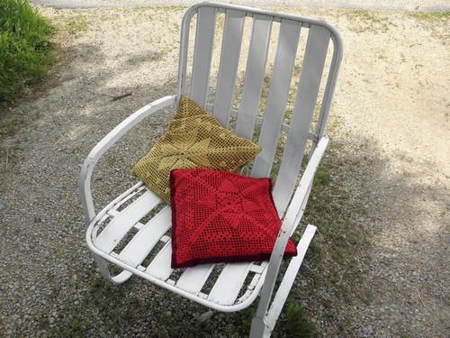 photo of yellow gold & barn red lace doily pillows, vintage scatter pillow lot #1