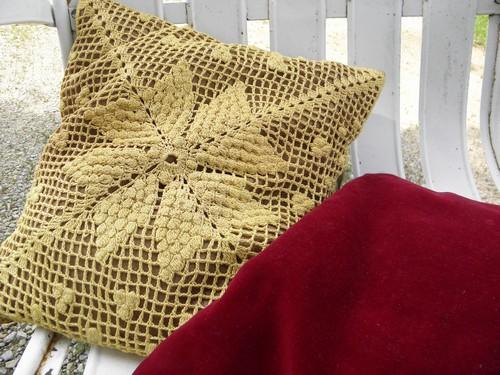 photo of yellow gold & barn red lace doily pillows, vintage scatter pillow lot #2