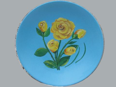 photo of yellow roses hand-painted on turquoise, mod large low ceramic bowl #1