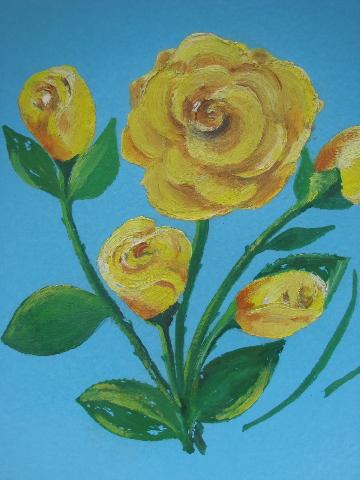 photo of yellow roses hand-painted on turquoise, mod large low ceramic bowl #2