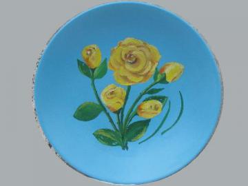 catalog photo of yellow roses hand-painted on turquoise, mod large low ceramic bowl