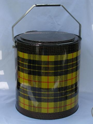 photo of yellow tartan plaid picnic thermos jug picnic cooler, 1950s vintage tartanware #1