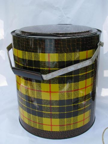 photo of yellow tartan plaid picnic thermos jug picnic cooler, 1950s vintage tartanware #2