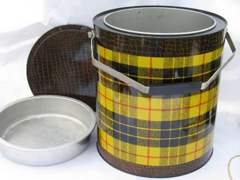 photo of yellow tartan plaid picnic thermos jug picnic cooler, 1950s vintage tartanware #3